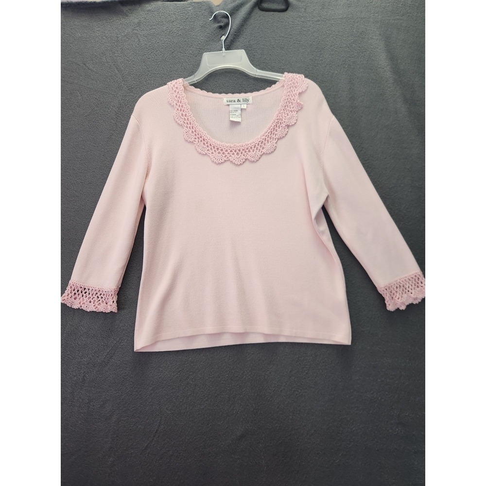 Y2K Cottagecore Fairy Whimsy Crochet Trim Sara & Lily Baby Pink Sweater Top Sz L